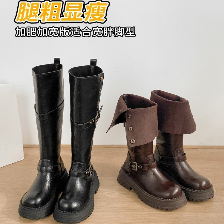 粗腿大筒围高筒靴加绒厚底骑士靴
