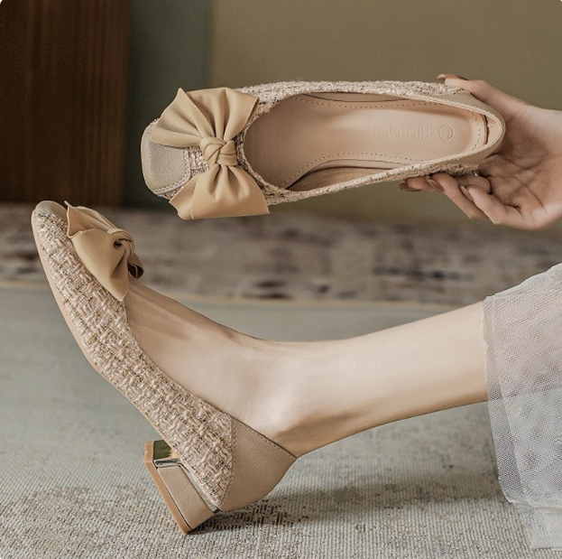 浅口单鞋女2025夏季新款瓢鞋小香风蝴蝶结中跟粗跟软底大码豆豆鞋,女鞋,浅口单鞋,淘宝优惠券,粉丝福利购,淘宝优惠卷