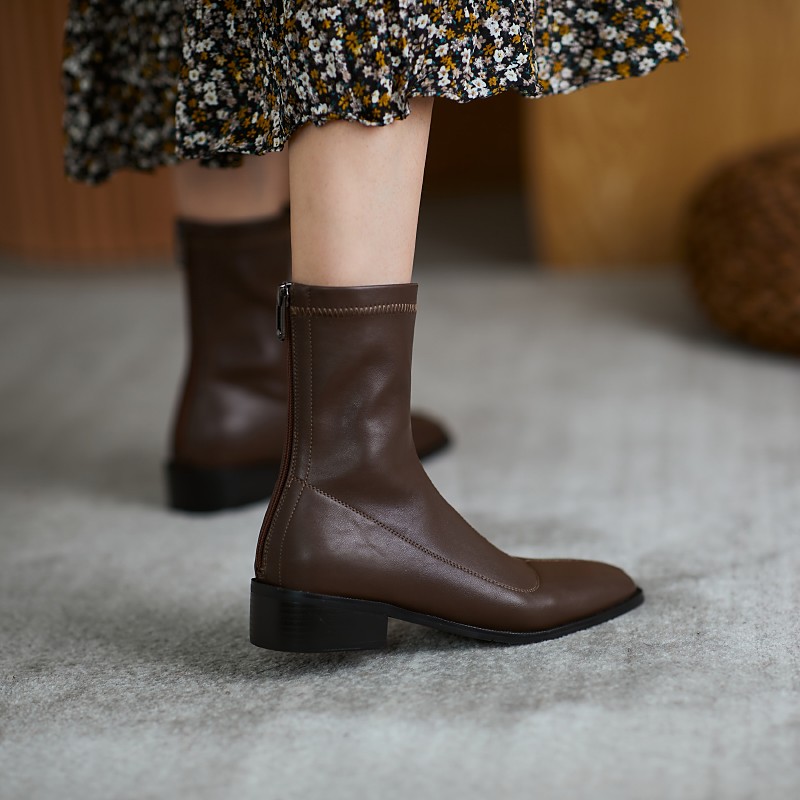 马丁靴粗跟黑色方头弹力瘦瘦单靴