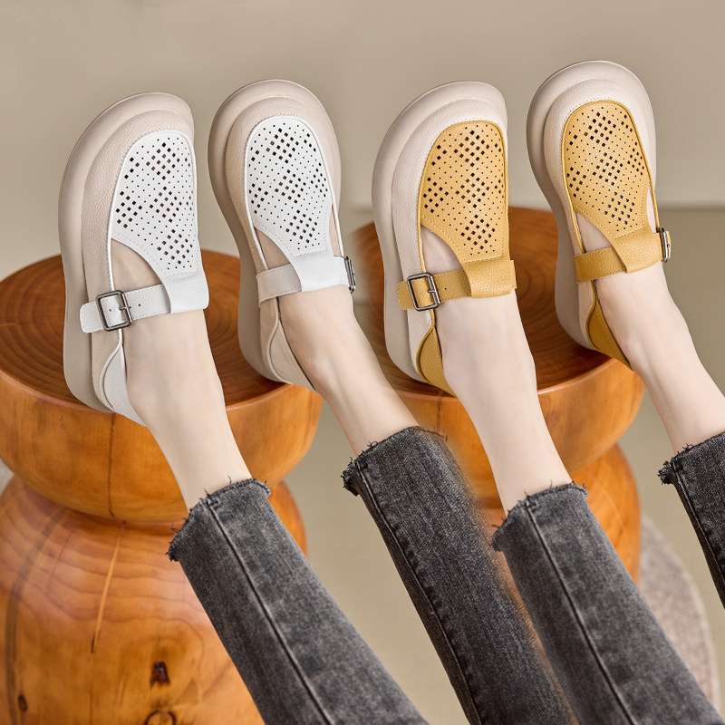 镂空复古平底单鞋女真皮2025春季新款乐福鞋软底休闲包头洞洞凉鞋,女鞋,浅口单鞋,淘宝优惠券,粉丝福利购,淘宝优惠卷