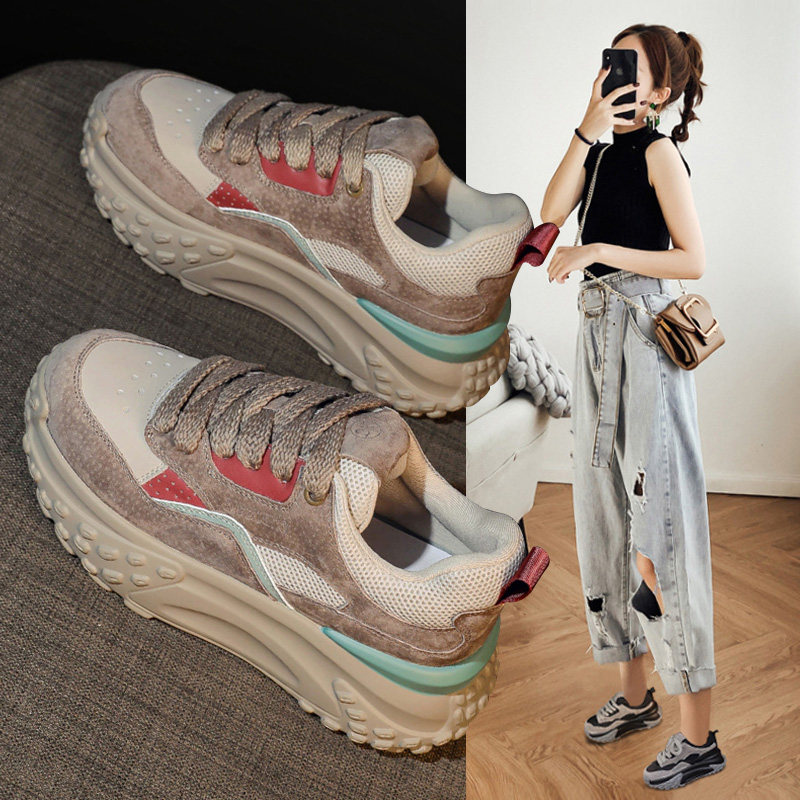 真皮加绒老爹鞋女2025年春季新款阿甘鞋内增高杏色厚底休闲运动鞋