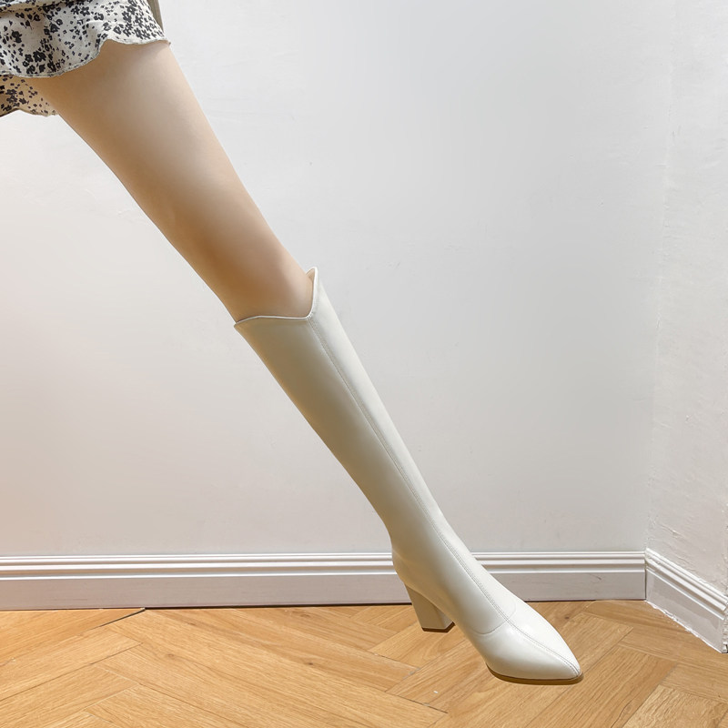 粗高跟米白色加绒长筒靴女2025秋冬新款真皮V口尖头小个子高筒靴,女鞋,骑士靴,淘宝优惠券,粉丝福利购,淘宝优惠卷