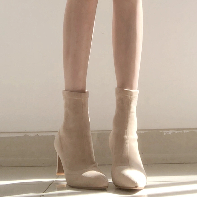 袜靴粗跟复古百搭加绒瘦瘦短靴