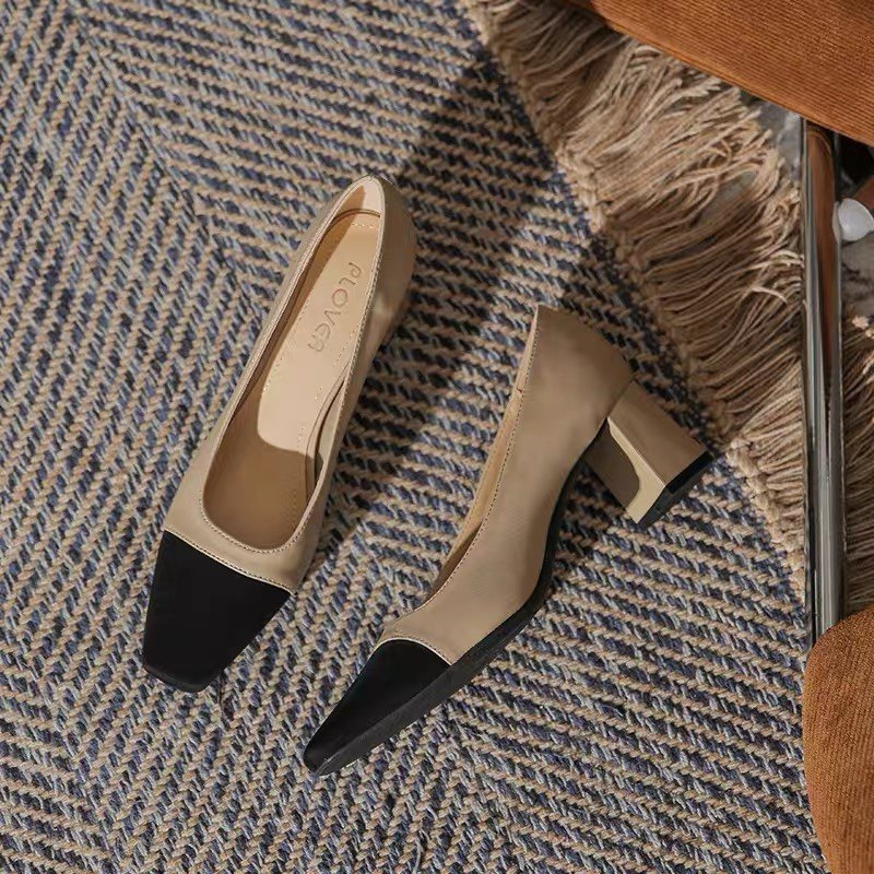 真皮单鞋女2025夏季新款法式仙女方头浅口拼色中跟粗跟气质高跟鞋,女鞋,浅口单鞋,淘宝优惠券,粉丝福利购,淘宝优惠卷
