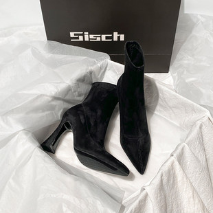 黑色绒面短靴女2025秋冬季新款尖头高跟粗跟弹力瘦瘦靴加绒马丁靴