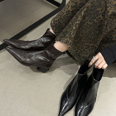粗跟真皮瘦瘦靴高跟加绒马丁靴