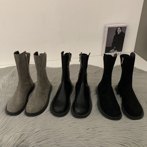 瘦瘦短靴复古真皮切尔西中筒靴