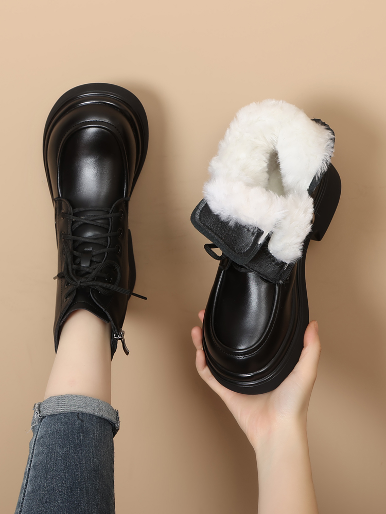 皮毛一体马丁靴加绒加厚圆头棉鞋