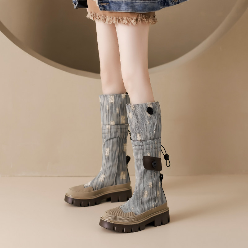 英伦风长筒靴女2025秋冬新款小众设计感高筒靴真皮厚底西部牛仔靴,女鞋,骑士靴,淘宝优惠券,粉丝福利购,淘宝优惠卷