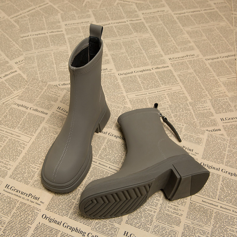 真皮时尚平底马丁靴女洋气2025秋冬新款加绒灰绿色后拉炼气质短靴