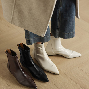 法式复古马丁靴女2025秋冬新款真皮尖头弹力瘦瘦靴加绒内增高短靴