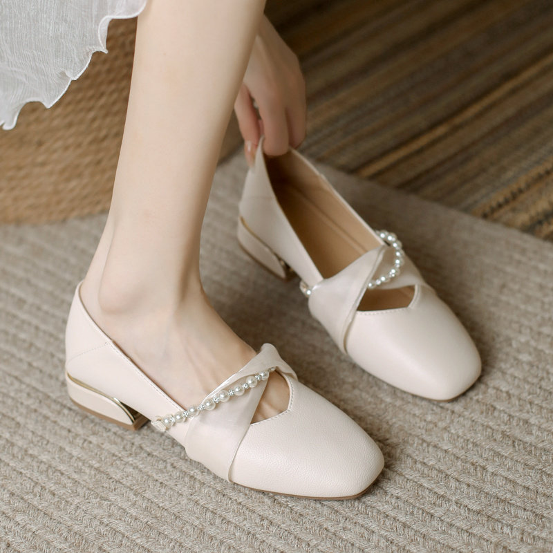 真皮单鞋女2025春季新款豆豆鞋百搭珍珠浅口中粗跟配裙子玛丽珍鞋,女鞋,浅口单鞋,淘宝优惠券,粉丝福利购,淘宝优惠卷