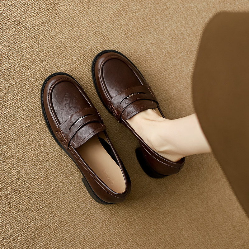 棕色真皮乐福鞋女粗跟2025春季新款英伦风厚底小皮鞋软底工作单鞋,女鞋,浅口单鞋,淘宝优惠券,粉丝福利购,淘宝优惠卷