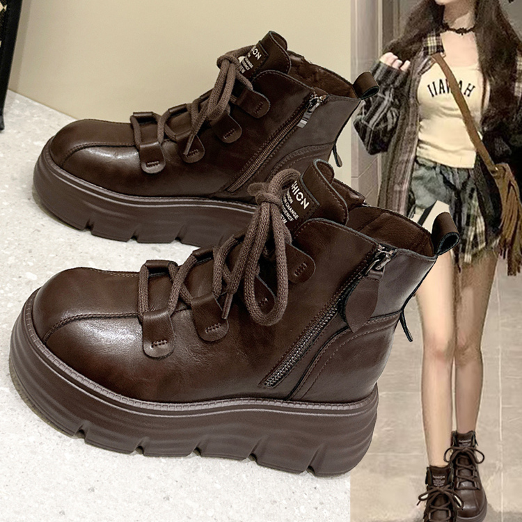 加绒爆款超火厚底棕色小个子短靴