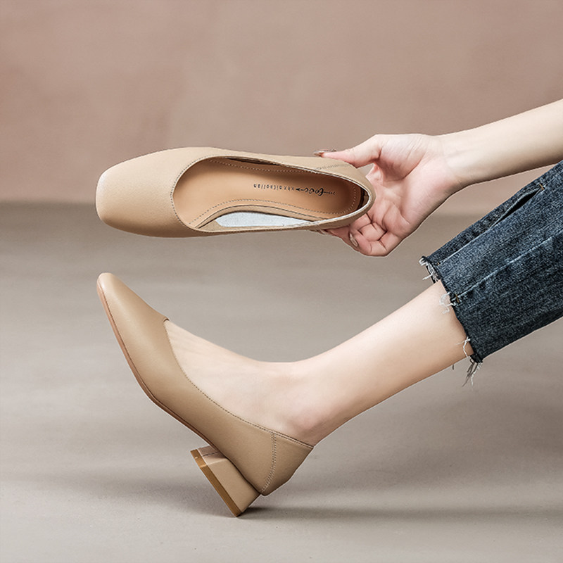 真皮奶奶鞋女粗跟2025夏季新款韩版百搭复古方头软底中跟浅口单鞋,女鞋,浅口单鞋,淘宝优惠券,粉丝福利购,淘宝优惠卷