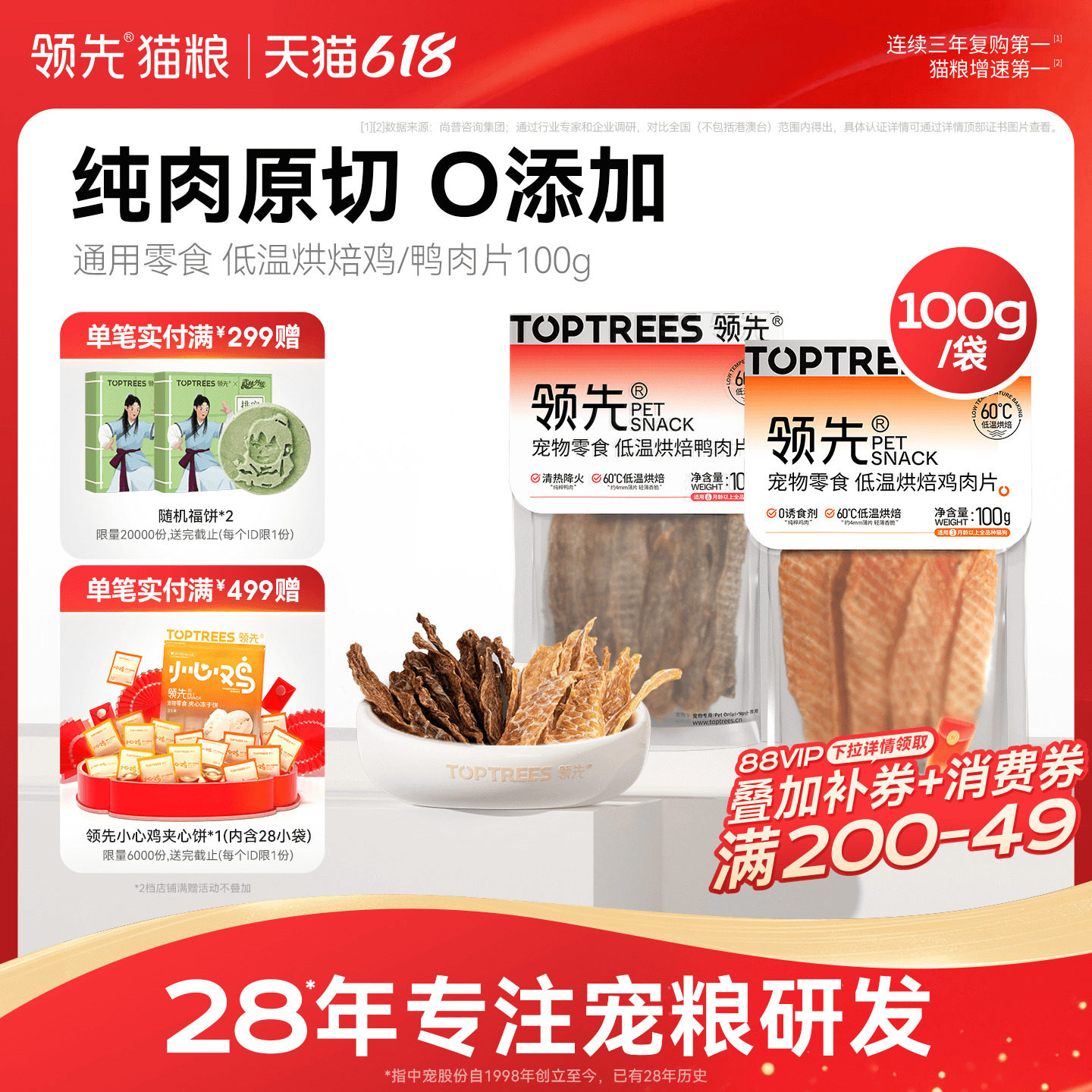 领先烘焙鸡肉鸭肉片零食肉干狗狗猫咪通用宠物犬磨牙棒训练100g