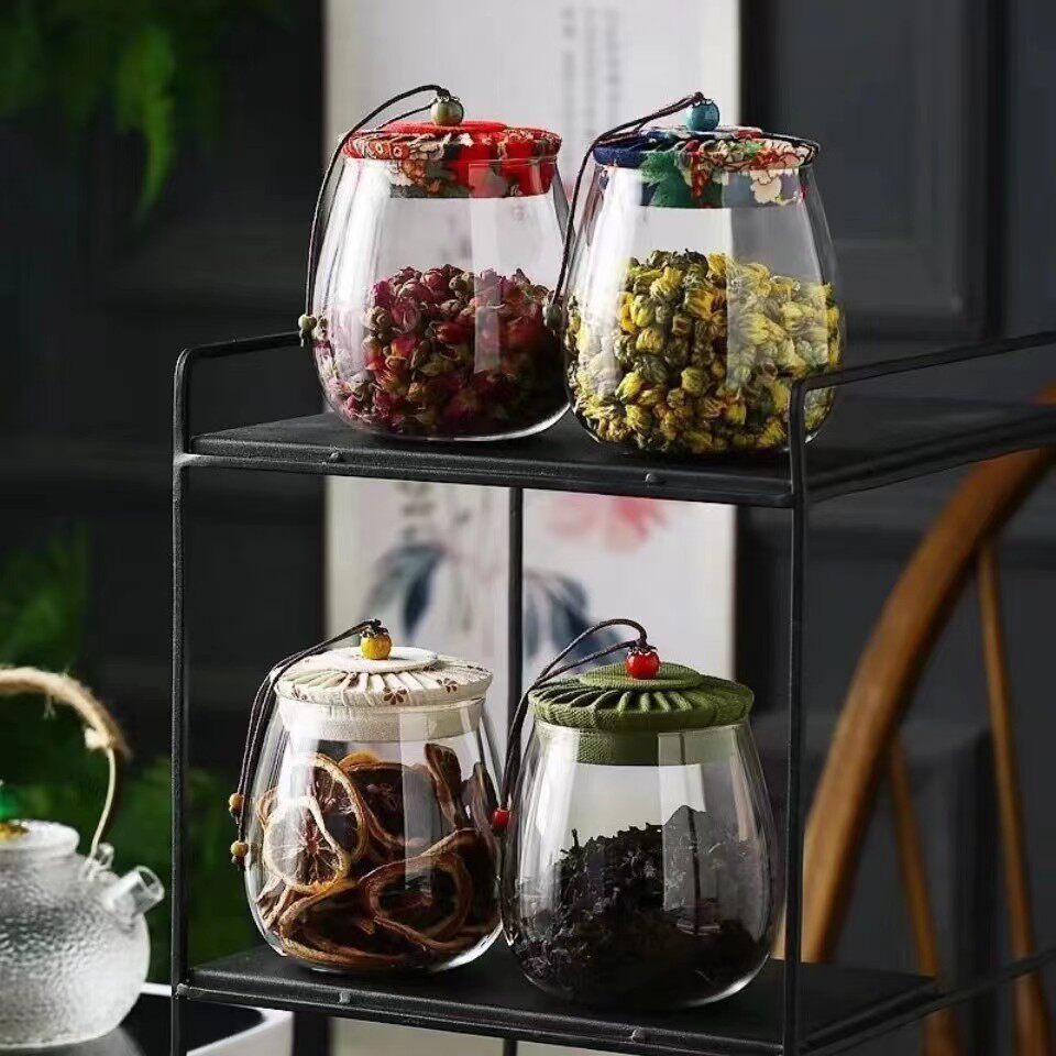 软木塞高硼硅透明玻璃茶叶罐样品密封茶罐精美布盖糖果花茶罐子