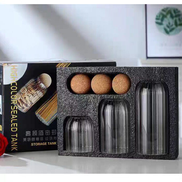 圆球软木塞竖纹玻璃密封罐套装厨房杂粮储物罐防潮收纳罐瓶子