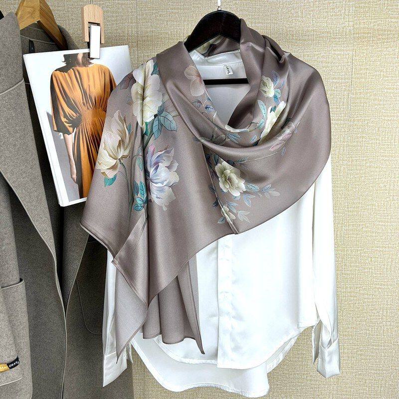 牡丹花中国民族风缎面真丝围巾桑蚕丝披肩妈妈搭配旗袍杭州丝绸防