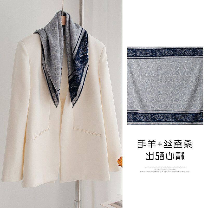国风蓝色真丝羊毛围巾手工卷青瓷印花丝巾方巾系脖高级感披肩外搭