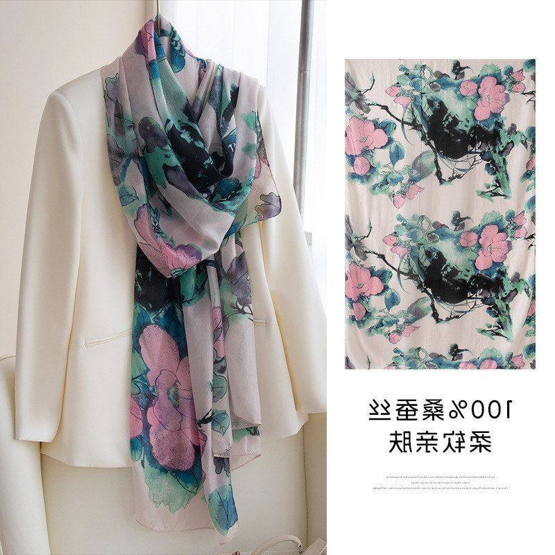 桑蚕丝丝巾长条水墨桃花印花披肩长条丝巾高级感真丝中长款围巾夏