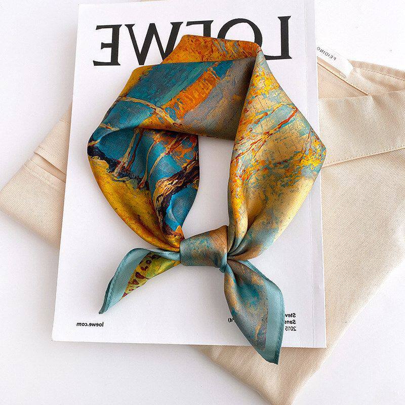 桑蚕丝丝巾小方巾女春秋薄款百搭真丝围巾绿色油画系列韩国小领巾