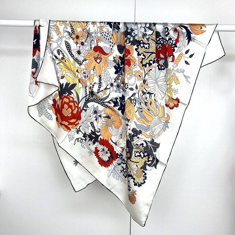 真丝丝巾女杭州丝绸春秋季新款白色花园桑蚕丝围巾多功能大披肩