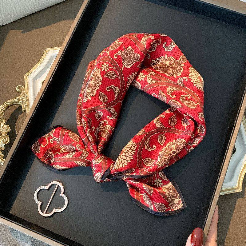 复古红色腰果花真丝女士丝巾杭州100%桑蚕丝围巾送礼妈妈53小方巾