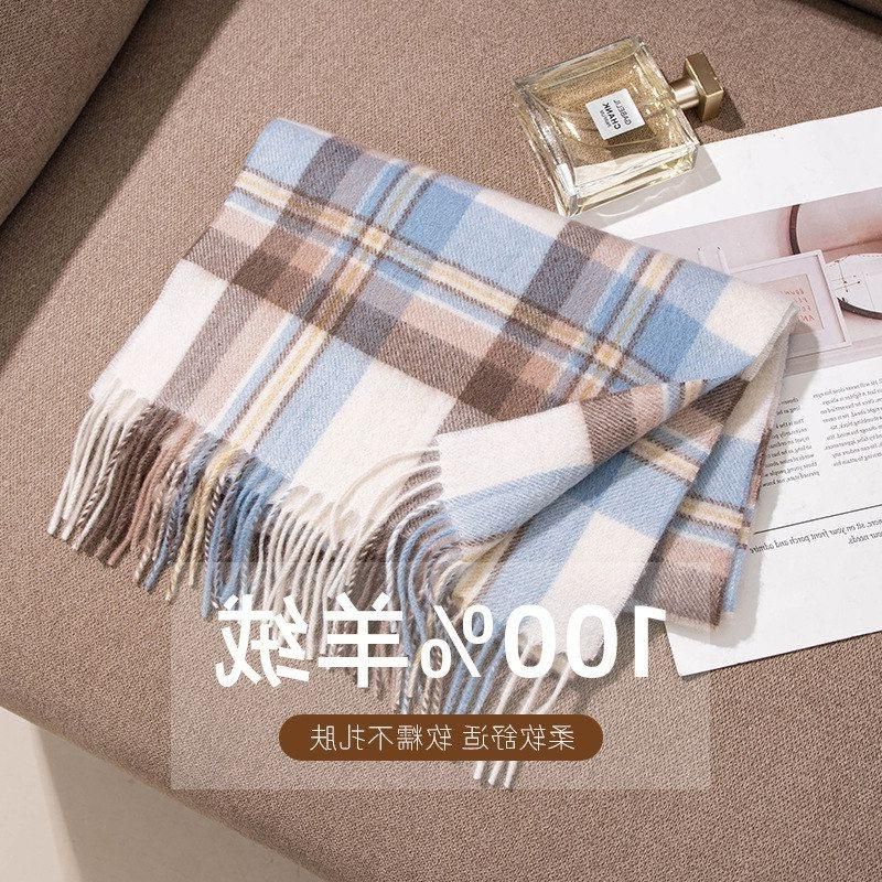 100羊绒格子蓝色围巾窄版2025软