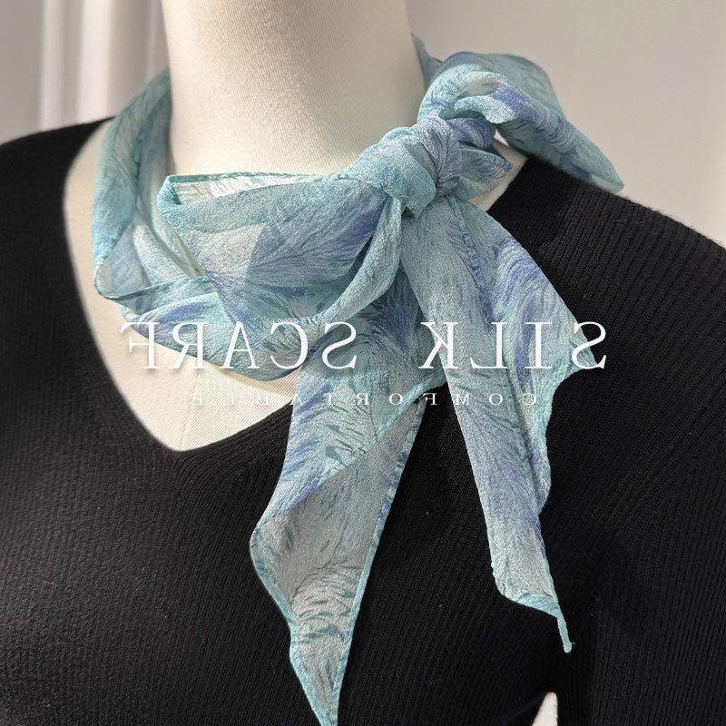 【乔其纱】绿色中古款 飘逸薄款长条真丝丝巾  100%桑蚕丝围巾