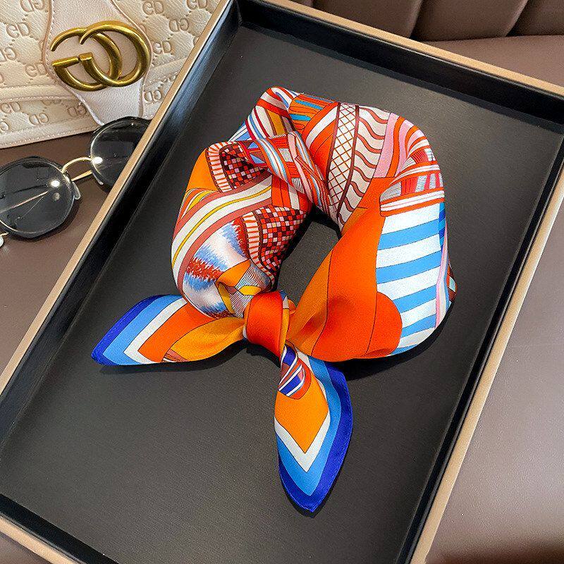 新款真丝拼接小方巾53CM丝巾女时尚复古职业风印花围巾桑蚕丝领巾