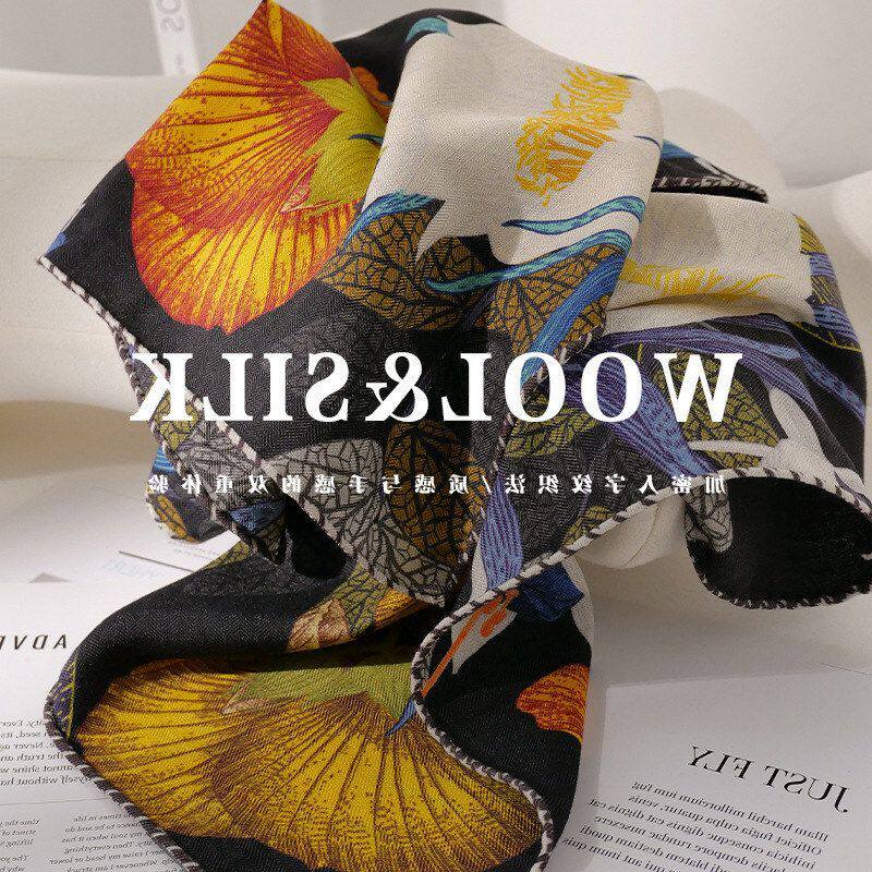 白色花卉重磅新品丝毛春秋丝巾保暖时尚百搭真丝羊毛围巾65*65cm