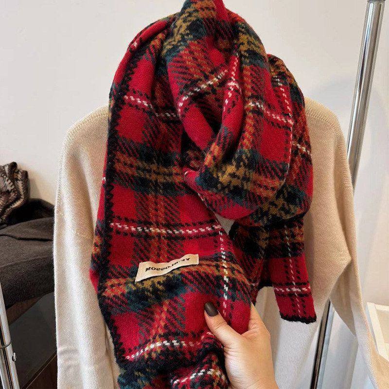 2024秋冬保暖围巾英伦圣诞格子红围巾男女情侣加大披肩围脖