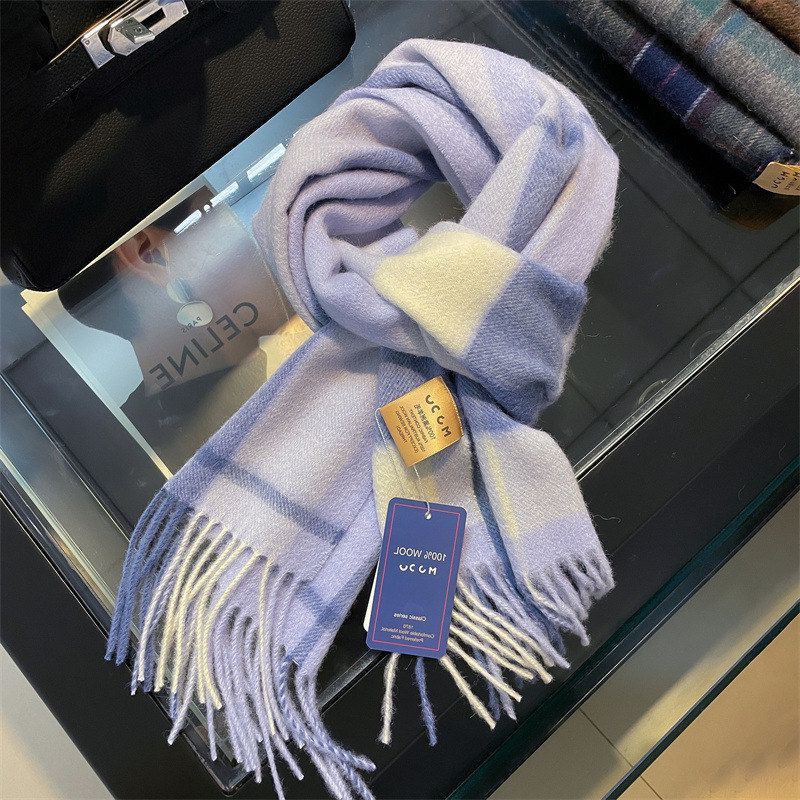 中性风W00L蓝白纯羊毛窄围巾英伦