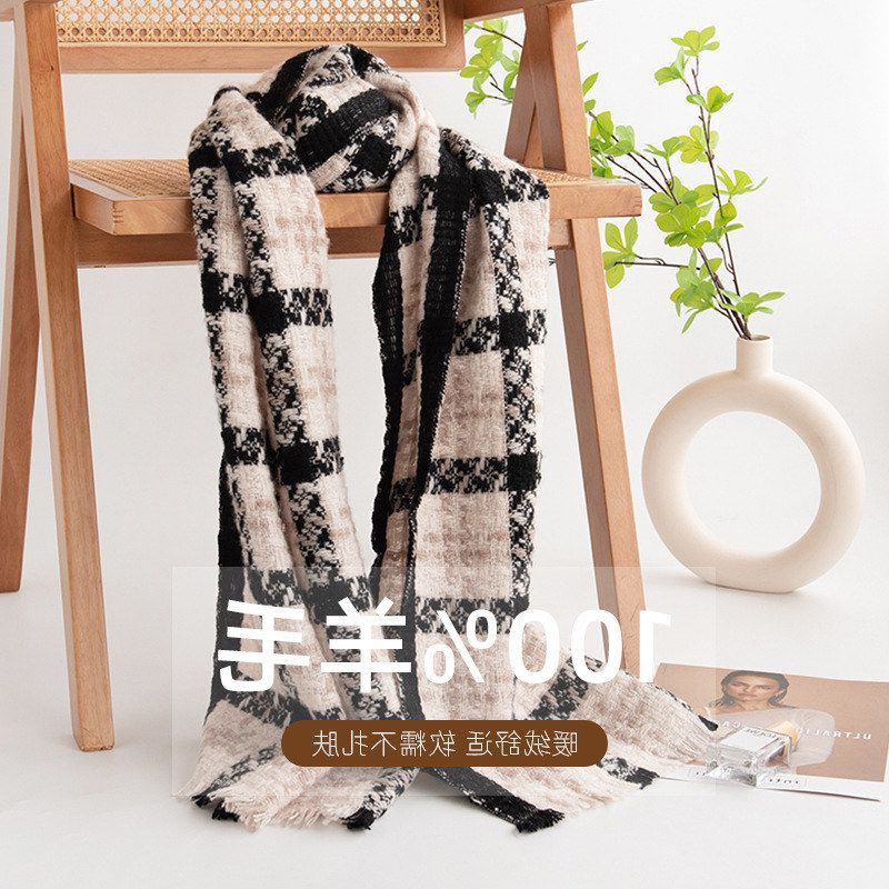 黑白色纯羊毛围巾100％轻奢高级