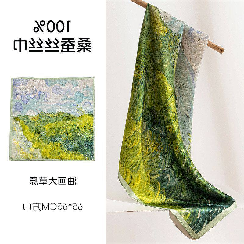 桑蚕丝丝巾女油画大草原印花田园风围巾小清新气质优雅高级感围脖