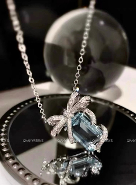 QIANYI仟意珠宝名媛风气质高级感奢华丽托帕蓝立体蝴蝶结锁骨项链