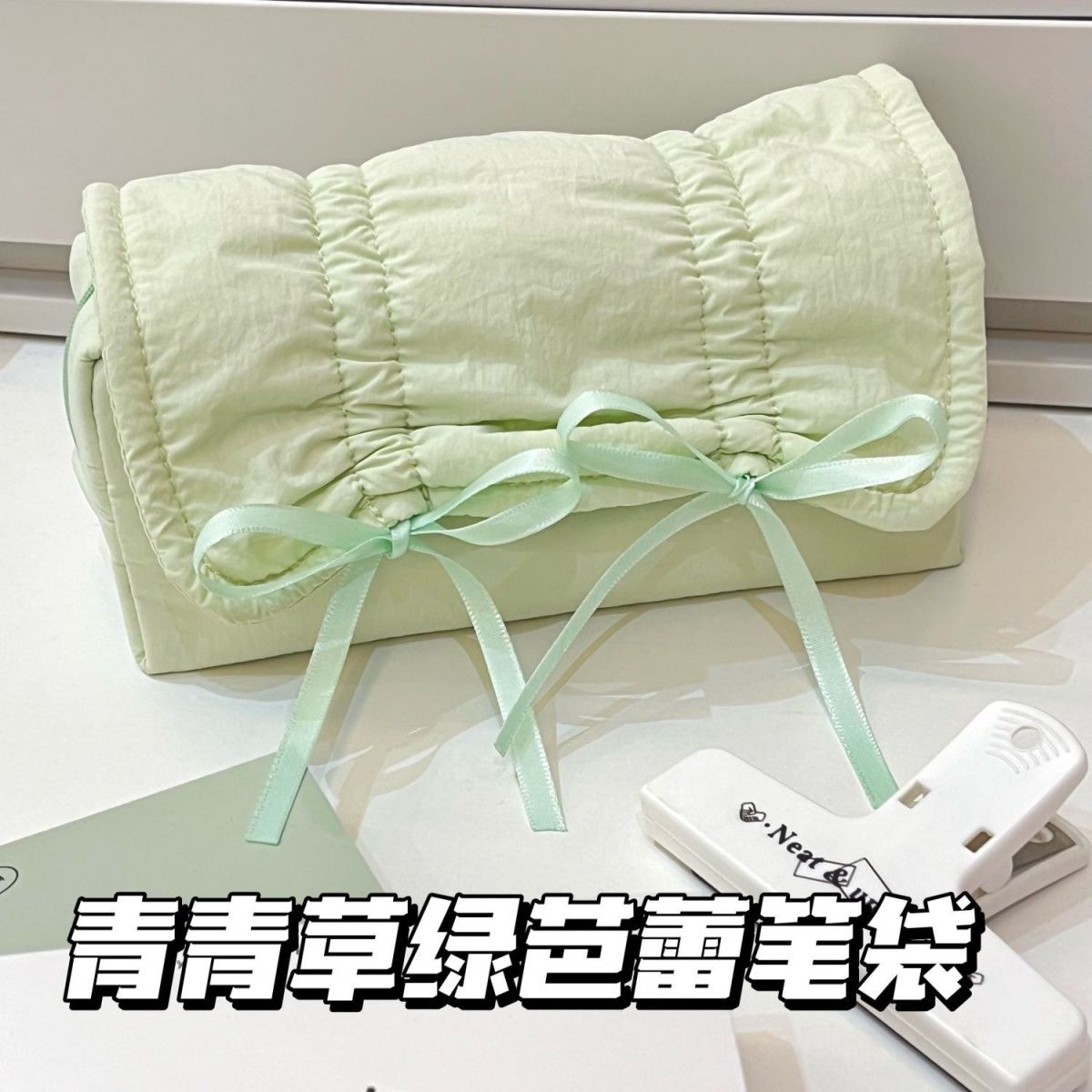 新款简约绿色蝴蝶结笔袋ins小清新中小学生高颜值大容量文具袋