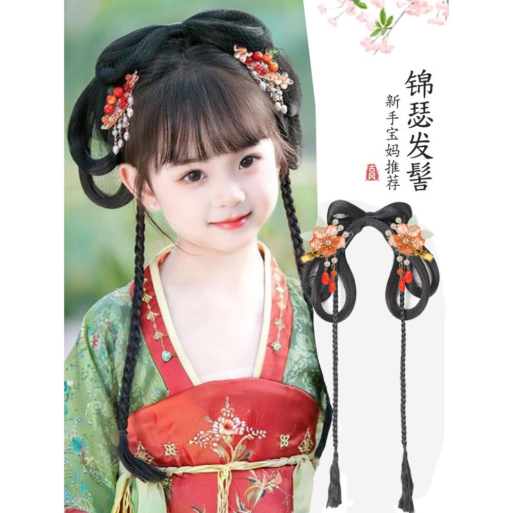 儿童汉服假发包古装一体式全套头饰古风女童蝴蝶结盘发造型发髻