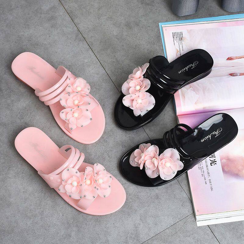 拖鞋女外穿韩版时尚果冻凉拖鞋防水防滑花朵水晶沙滩凉鞋塑料拖鞋