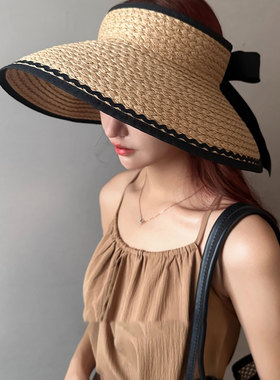 韩版大帽檐草编空顶防晒帽子女夏季海边度假蝴蝶结遮阳帽太阳帽潮