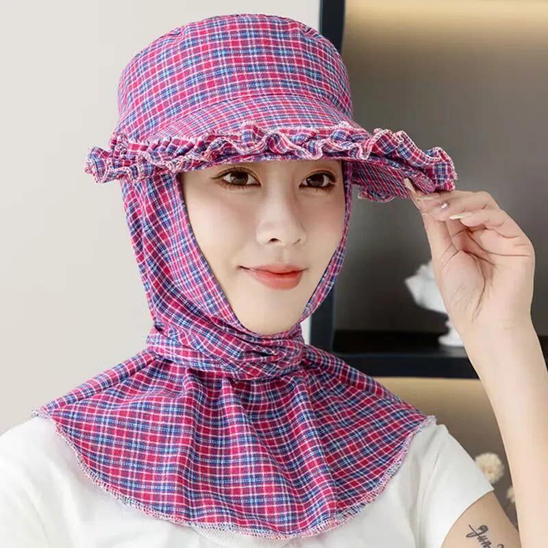 新款采茶帽木耳花边防晒帽子下地干活护脸护颈男女骑车防风遮阳帽