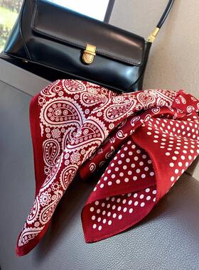 法式浪漫波点腰果花小方巾条纹丝巾70×70cm丝巾女缎面薄款轻奢