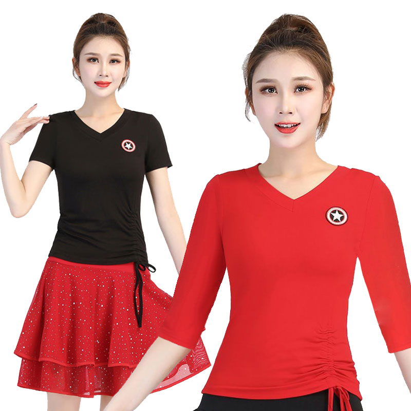 新款广场舞服装女v领莫代尔短袖跳舞上衣舞蹈裙中年练功服舞蹈服
