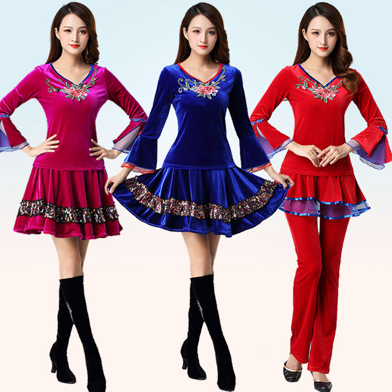 新款广场舞服装V领绣花喇叭袖跳舞衣服舞蹈裙子套装古典舞演出服