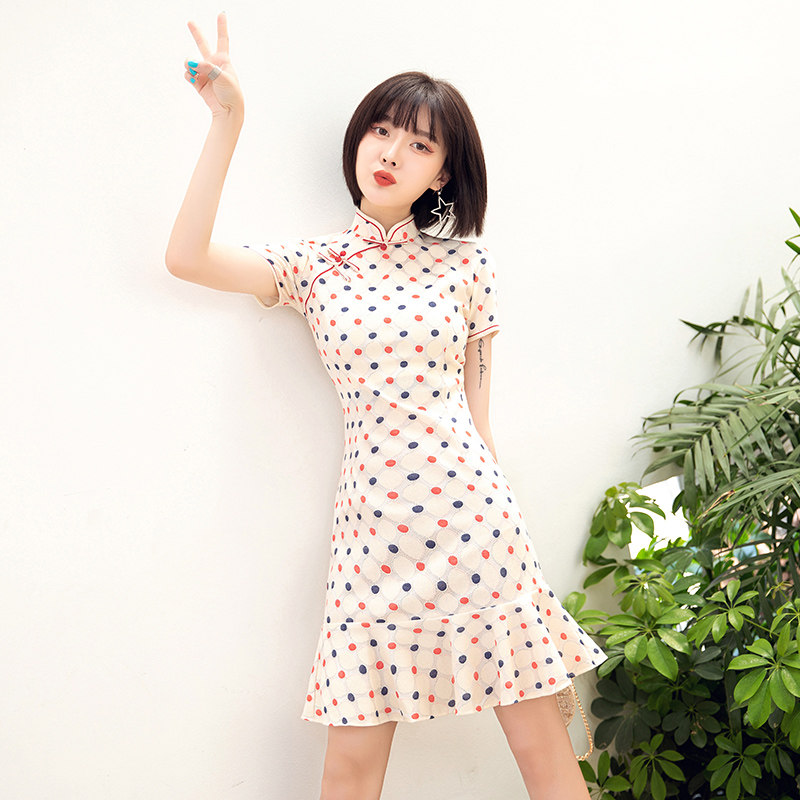 蕾丝旗袍年轻款少女小个子甜美中国风现代改良版波点鱼尾裙短款夏