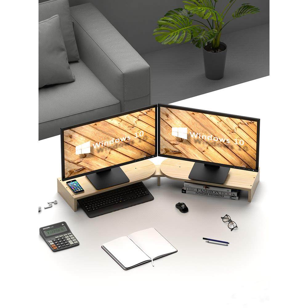 实木双屏液晶显示器支架 桌面电脑增高架底座办公室收纳台式支架