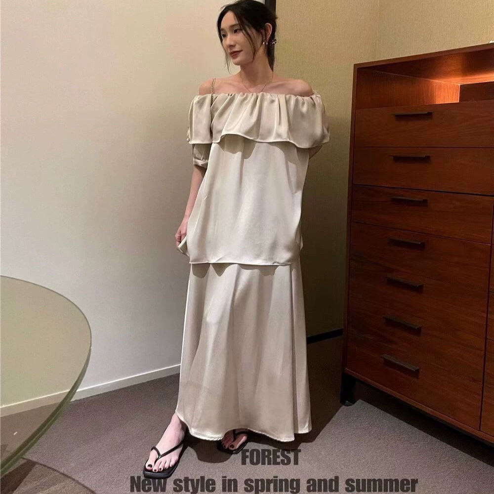 大码女装25春夏法式高级感缎面一字肩长袖显瘦上衣高腰连衣裙套装