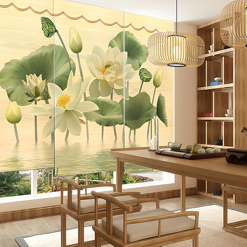 新中式荷花窗簾卷簾隔斷遮陽簾