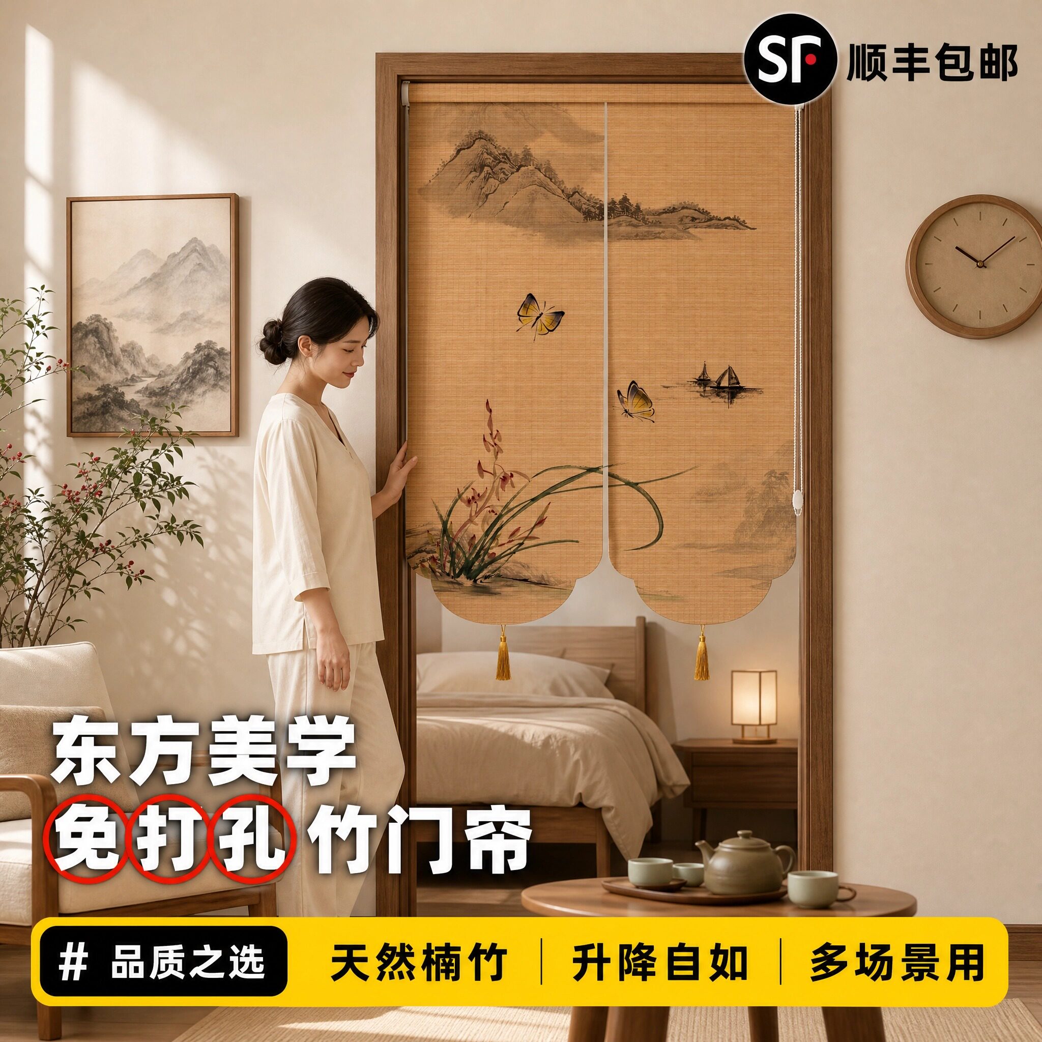 中式免打孔禅意风水门帘隔断帘